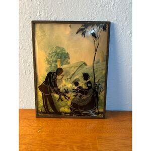VTG Convex Glass Silhouette Reverse Painting Mother Father Baby Flaws Framed